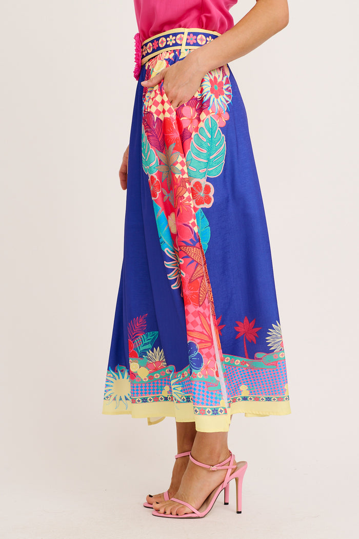 Tropic Drift Maxi Skirt in Blue with Multi Print Linen Blend side