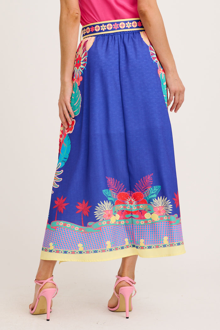 Tropic Drift Maxi Skirt in Blue with Multi Print Linen Blend back