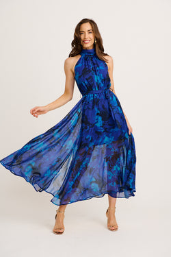 Kiss Me Halter Neck Maxi Dress in Blue Watercolour Chiffon full length