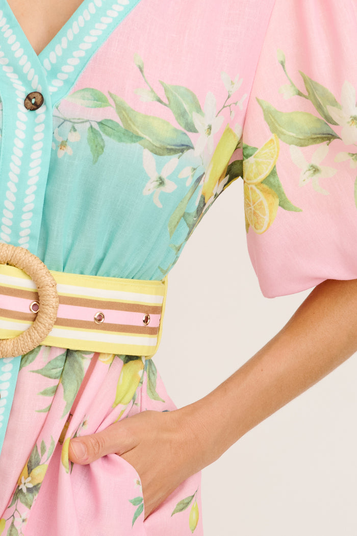 Limonelle Dress in Pink with Lemon Linen Blend detail