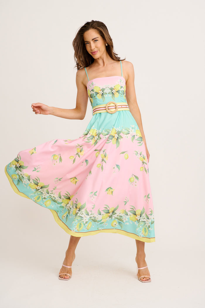 Lemon Whisper Long Sundress in Pink with Lemon Linen Blend full length