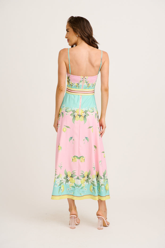 Lemon Whisper Long Sundress in Pink with Lemon Linen Blend back
