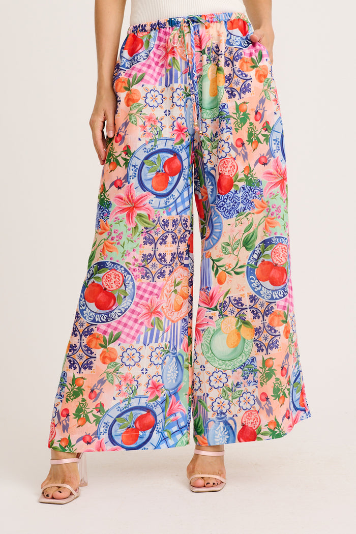 Romeo Pant in Multi Fruit Patchwork Linen Blend front