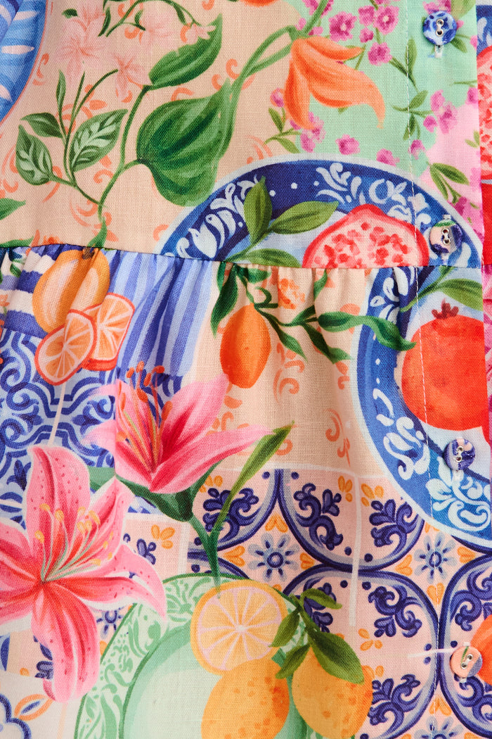 Tropical Twist Shirt Dress in Multi Fruit Patchwork Linen Blend fabric