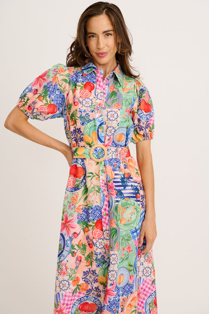 Dearest Midi Shirt Dress in Multi Fruit Patchwork Linen Blend front