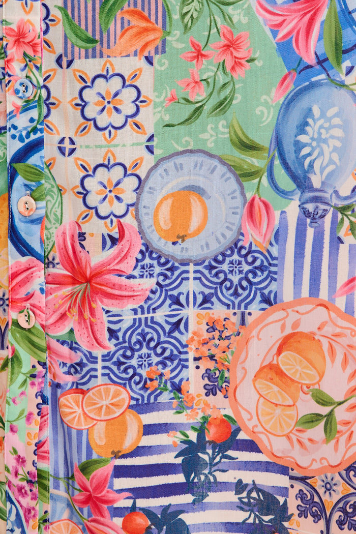 Dearest Midi Shirt Dress in Multi Fruit Patchwork Linen Blend fabric