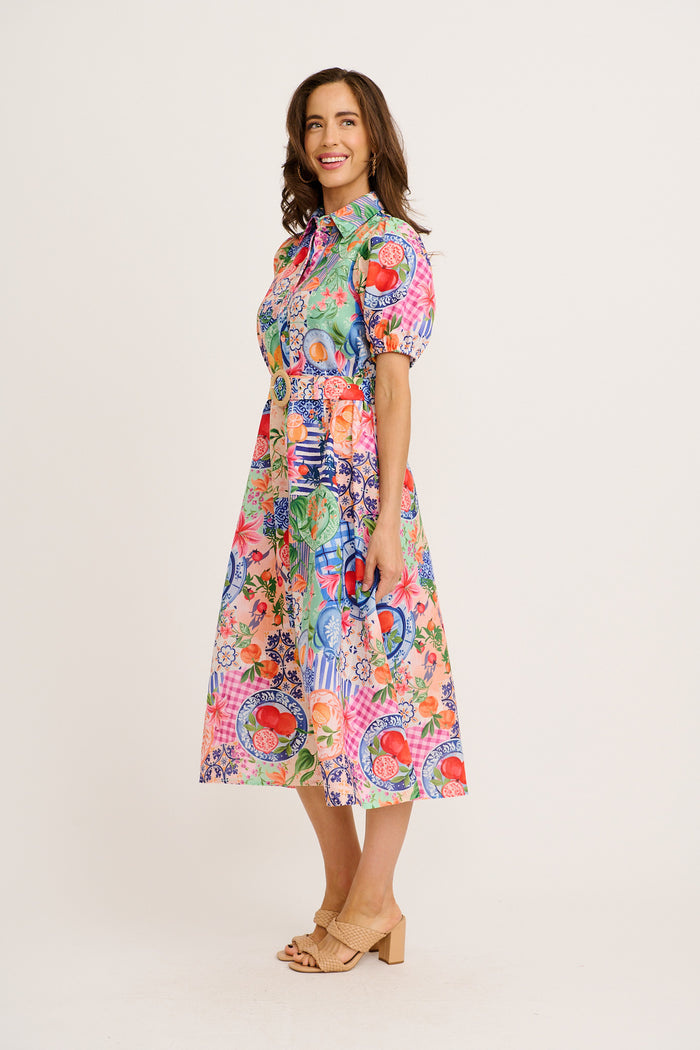 Dearest Midi Shirt Dress in Multi Fruit Patchwork Linen Blend side