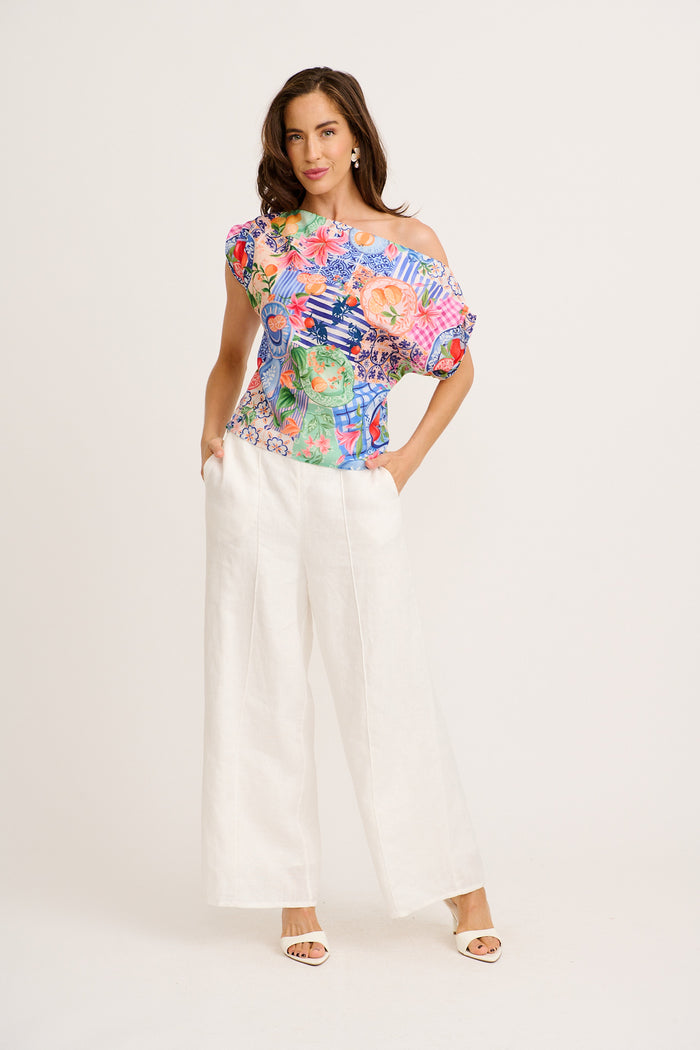 Lunaria Off Shoulder Top in Multi Fruit Patchwork Linen Blend full length