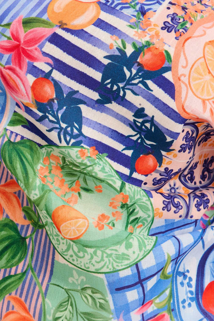 Lunaria Off Shoulder Top in Multi Fruit Patchwork Linen Blend fabric