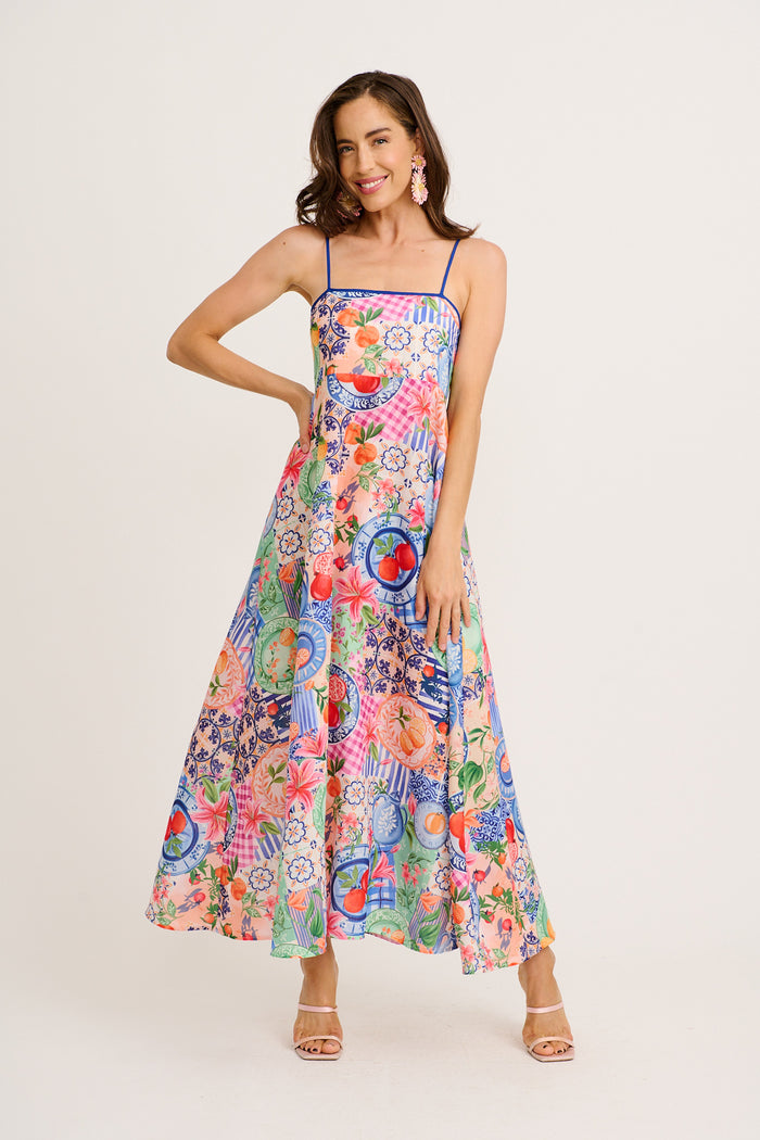 Juicy Tropic Maxi Sundress in Multi Fruit Patchwork Linen Blend full length