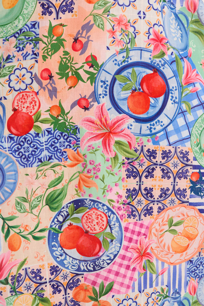 Juicy Tropic Maxi Sundress in Multi Fruit Patchwork Linen Blend fabric