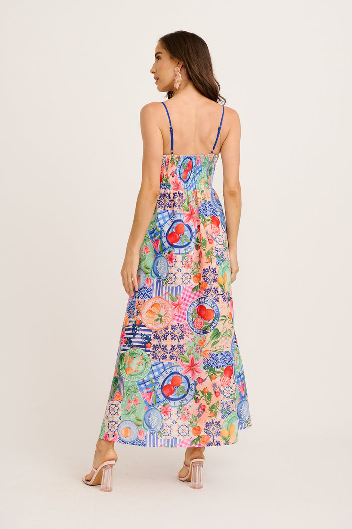 Juicy Tropic Maxi Sundress in Multi Fruit Patchwork Linen Blend back