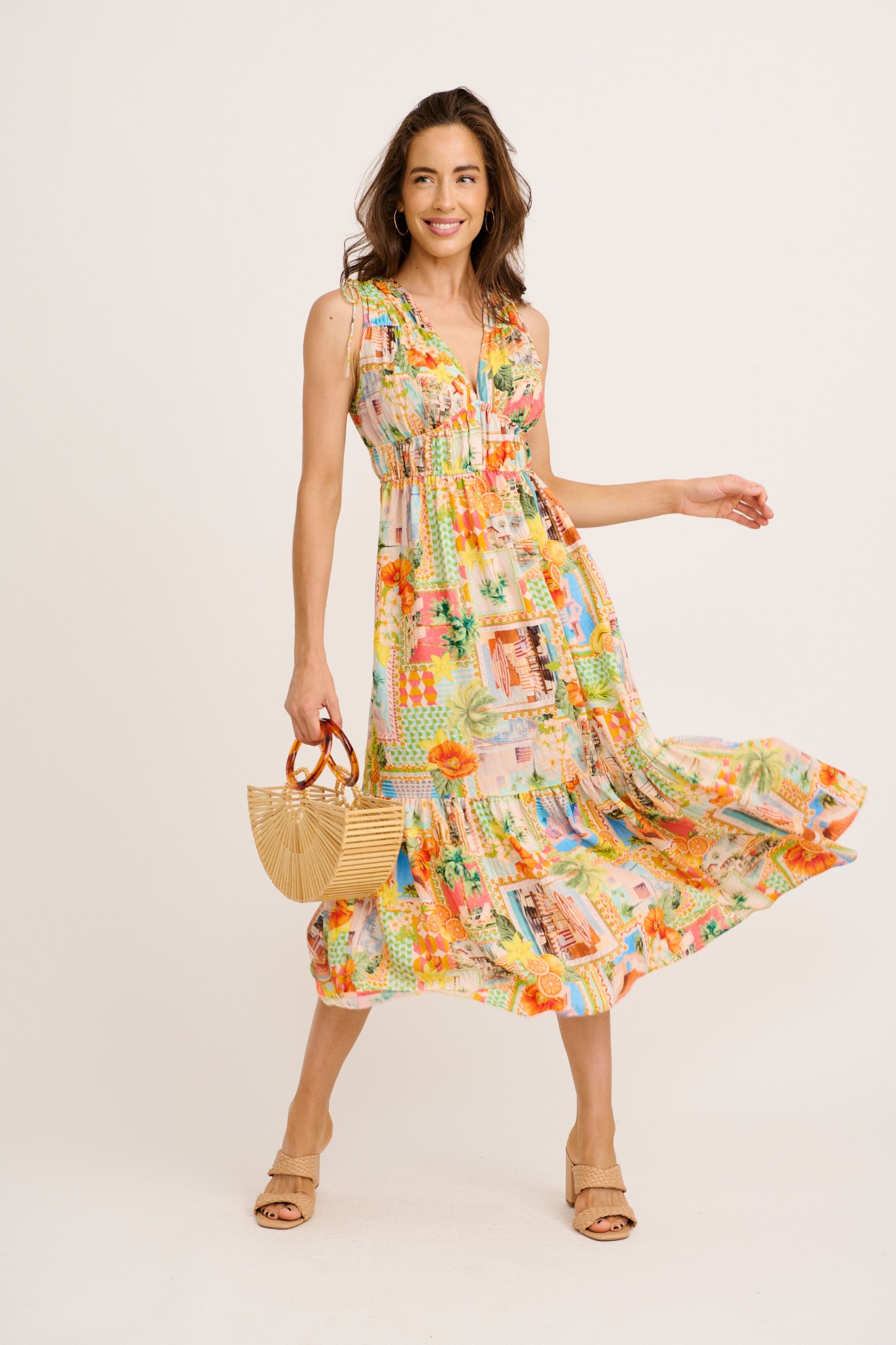 Sipping Sunshine Midi Dress in Multi Postcard Print full length