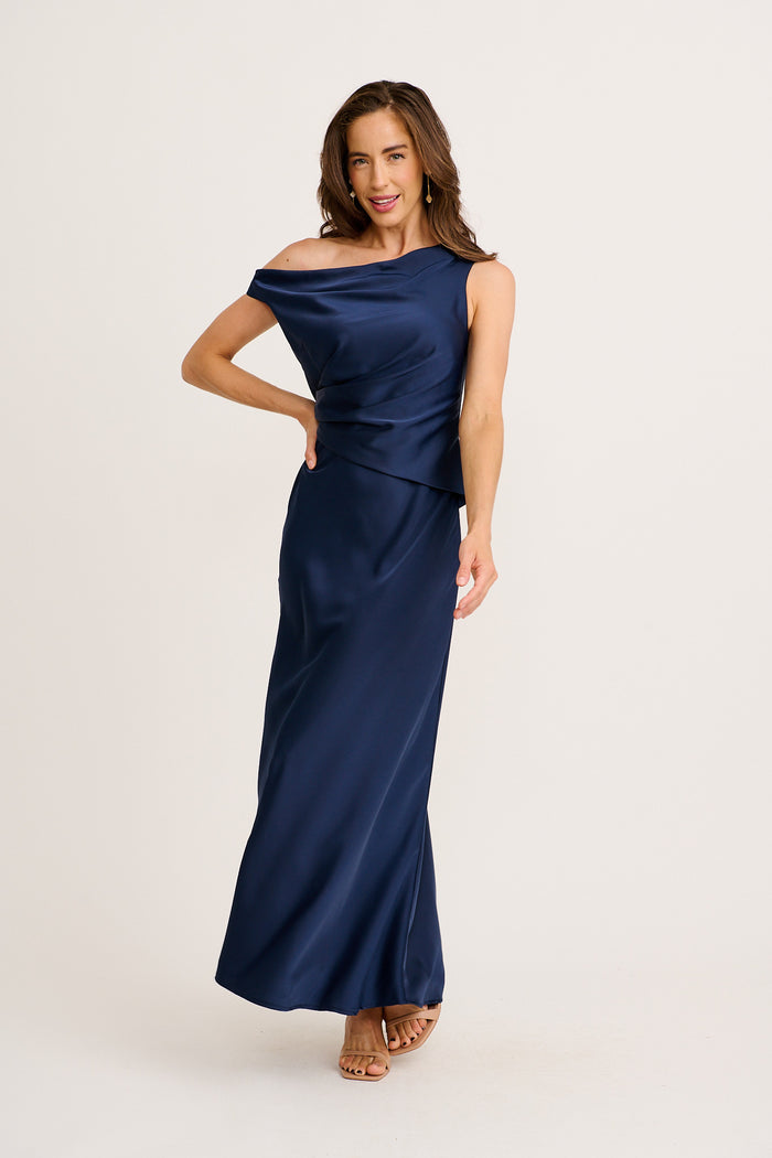 Rosé Nights One Shoulder Maxi Dress in Navy Satin full length