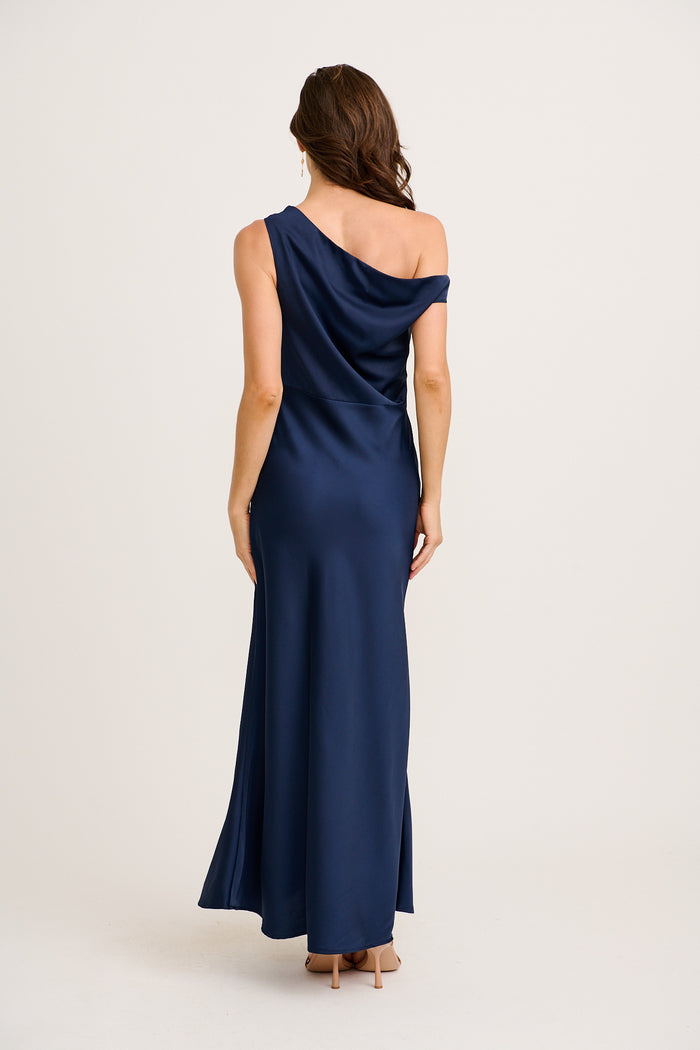 Rosé Nights One Shoulder Maxi Dress in Navy Satin back