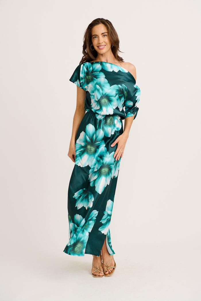 PRE ORDER Sarita Maxi Off Shoulder Dress in Green with White Floral Satin