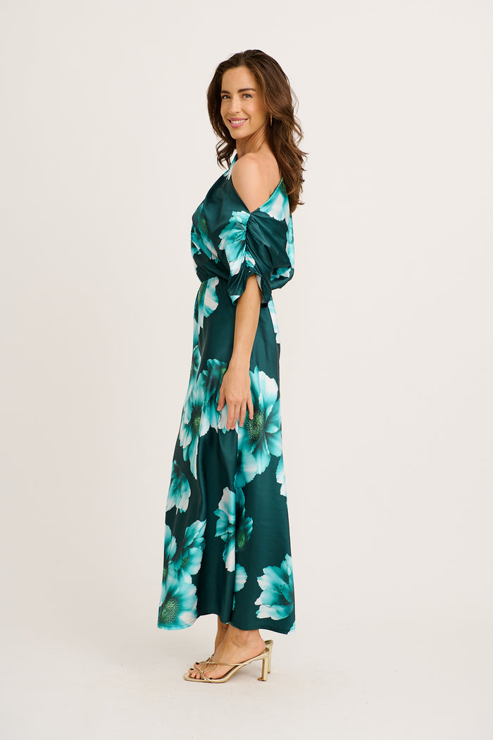 Sarita Maxi Off Shoulder Dress in Green with White Floral Satin side