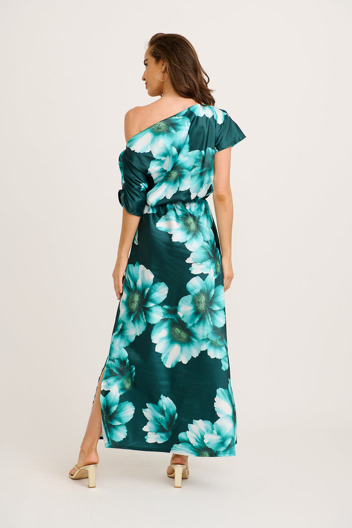 Sarita Maxi Off Shoulder Dress in Green with White Floral Satin back