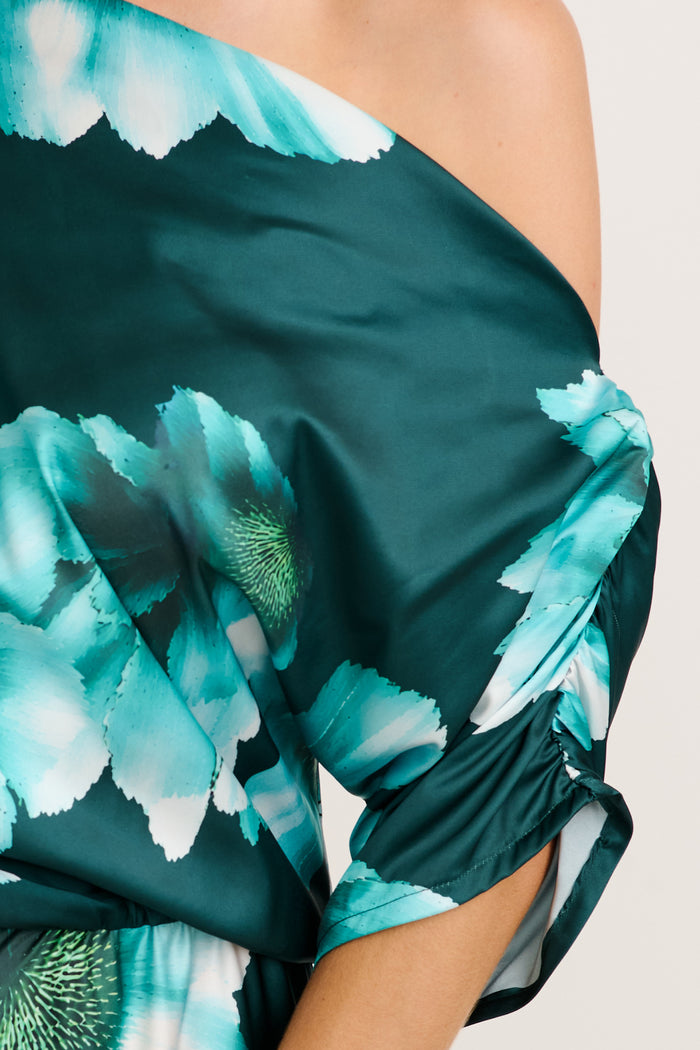 Sarita Maxi Off Shoulder Dress in Green with White Floral Satin detail