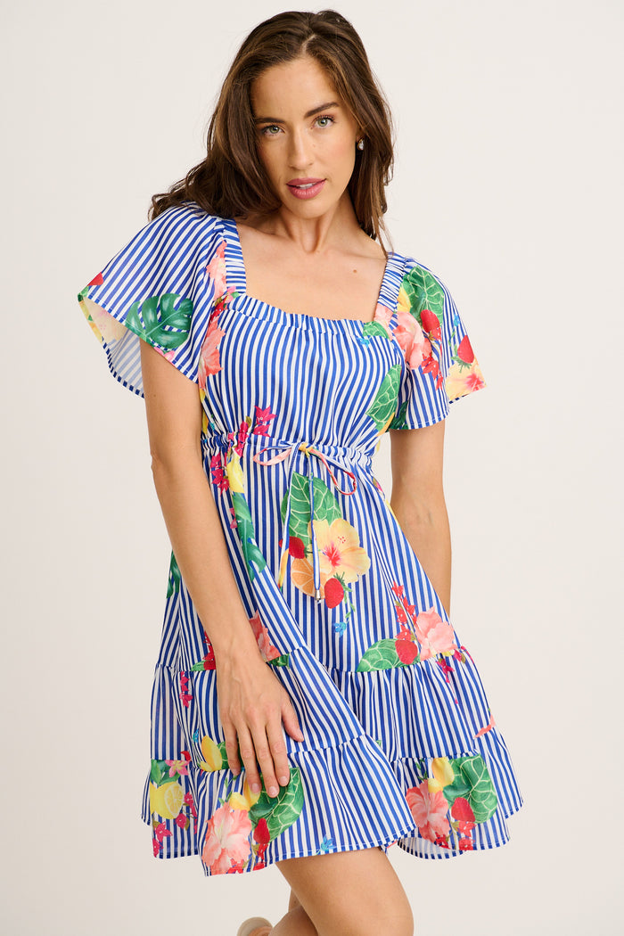 Cabella Dress in Blue Stripe Print front