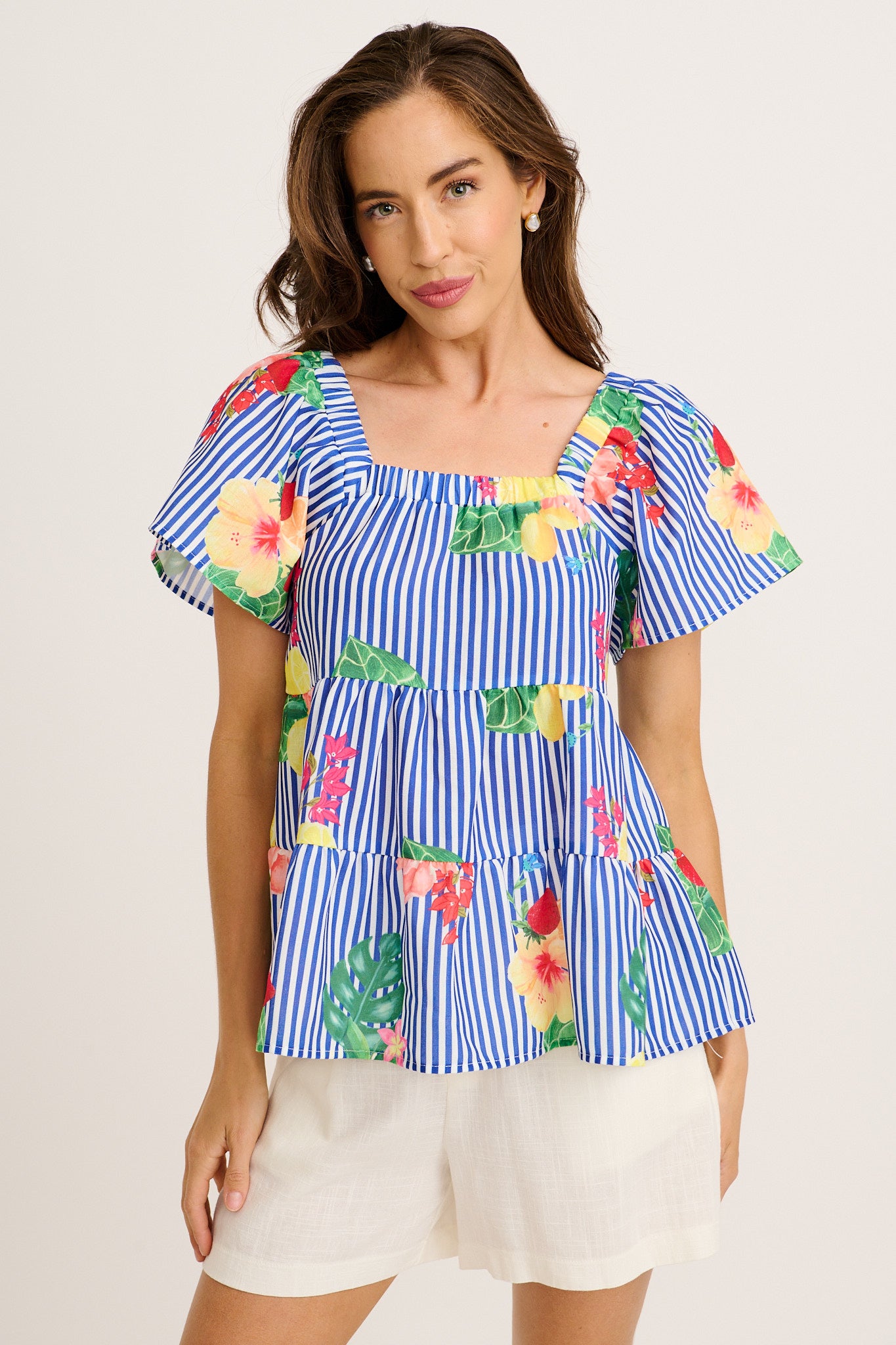 Jemma Off Shoulder Top in Blue Stripe Print front