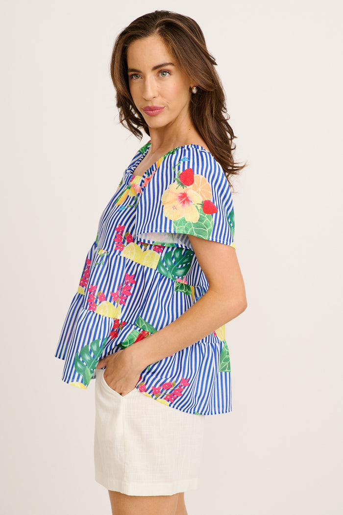 Jemma Off Shoulder Top in Blue Stripe Print side