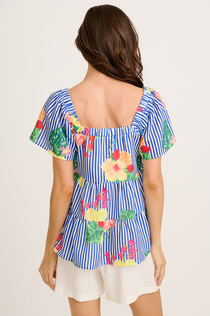Jemma Off Shoulder Top in Blue Stripe Print back