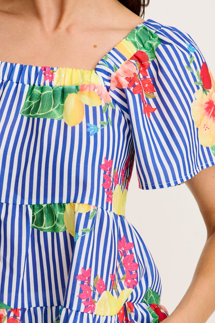 Jemma Off Shoulder Top in Blue Stripe Print detail