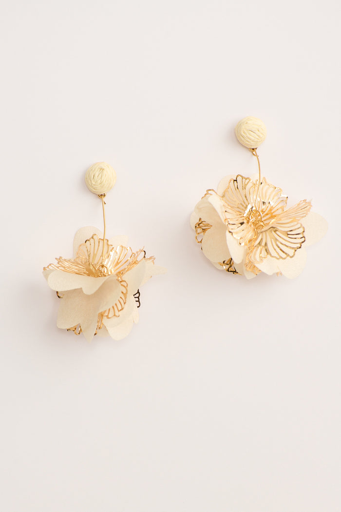 Camila Statement Earrings in Cream and Gold Floral flatlay
