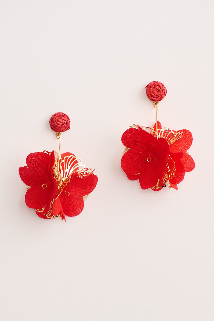 Camila Statement Earrings in Red and Gold Floral flatlay