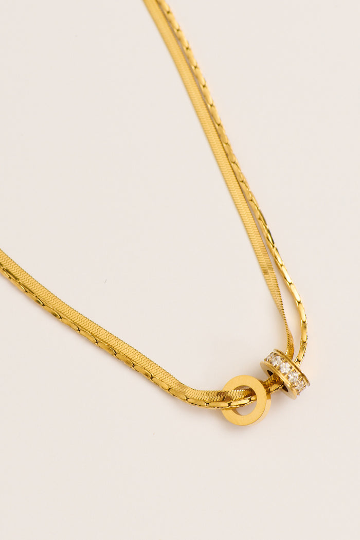 Maya Double Chain Pendant Necklace in Gold with Diamante flatlay close up