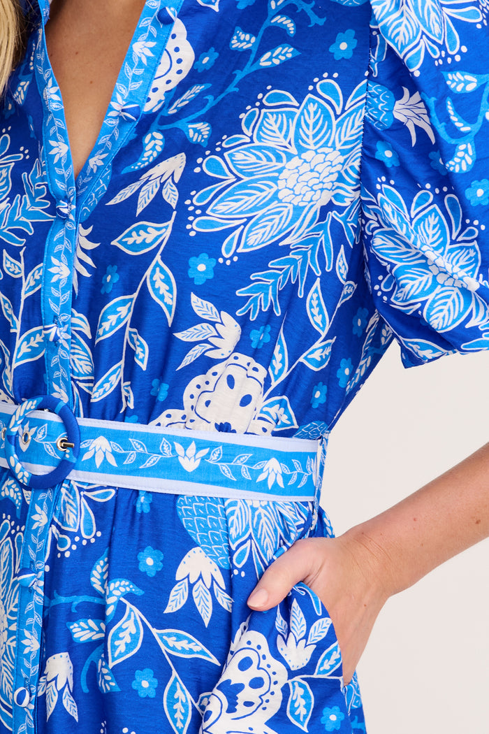 Tainy Shirt Dress in Blue with White Floral Linen Blend detail