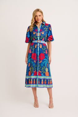 Harlyn Maxi Shirt Dress in Navy Multi Tropical Linen Blend full length