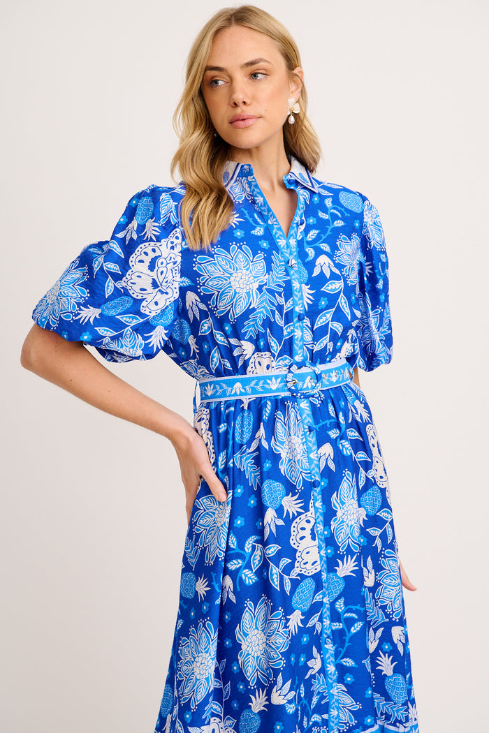Harlyn Maxi Shirt Dress in Blue with White Floral Linen Blend | St Frock Harlyn Maxi Shirt Dress in Blue with White Floral Linen Blend | St Frock