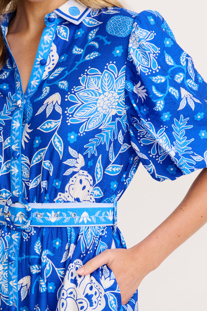 Harlyn Maxi Shirt Dress in Blue with White Floral Linen Blend detail