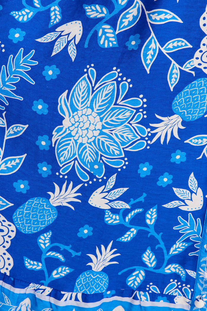 Harlyn Maxi Shirt Dress in Blue with White Floral Linen Blend fabric