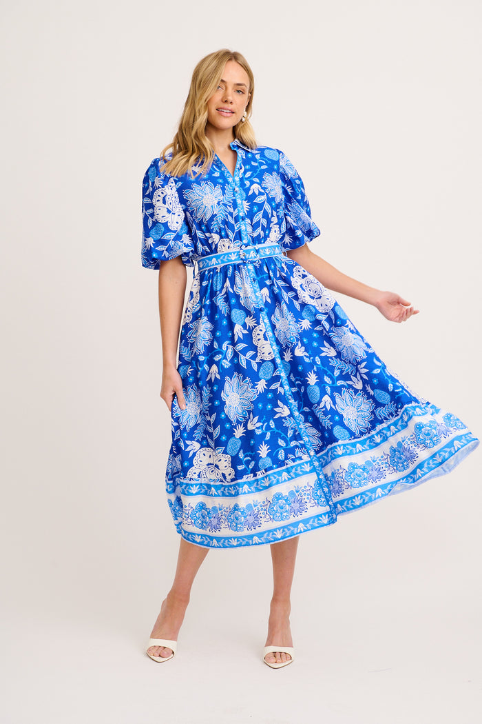 Harlyn Maxi Shirt Dress in Blue with White Floral Linen Blend | St Frock Harlyn Maxi Shirt Dress in Blue with White Floral Linen Blend | St Frock
