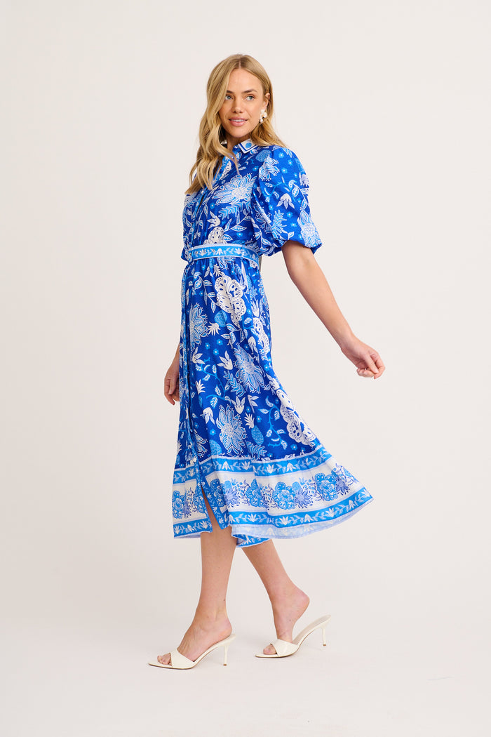 Harlyn Maxi Shirt Dress in Blue with White Floral Linen Blend side