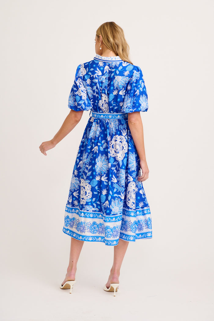 Harlyn Maxi Shirt Dress in Blue with White Floral Linen Blend back
