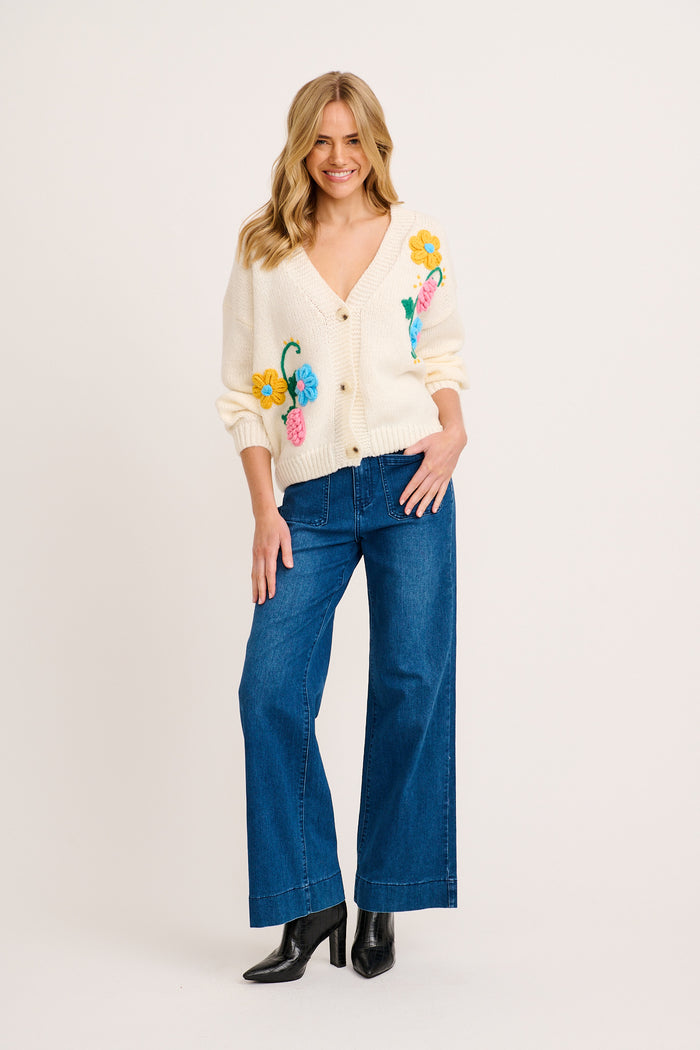 Blooming Delights Knit Cardigan in Cream with Floral full length