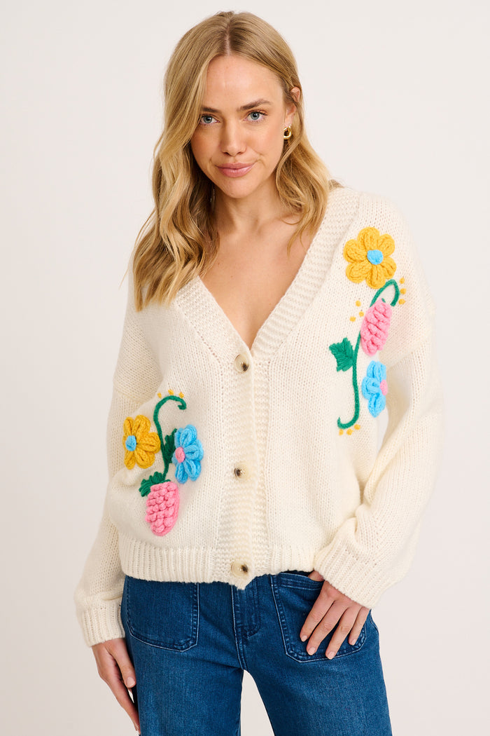Blooming Delights Knit Cardigan in Cream with Floral front