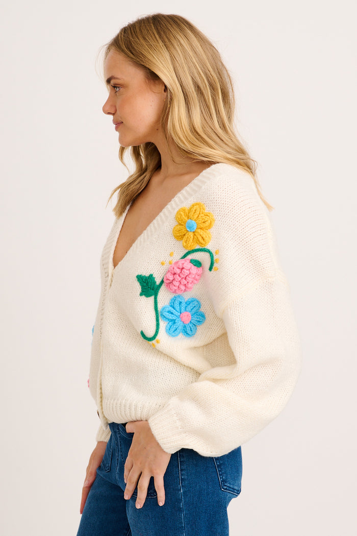 Blooming Delights Knit Cardigan in Cream with Floral side