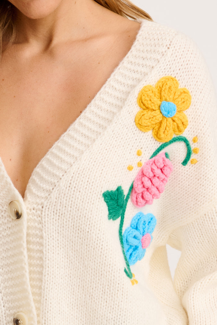 Blooming Delights Knit Cardigan in Cream with Floral fabric