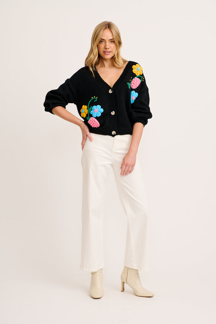 Blooming Delights Knit Cardigan in Black with Floral full length