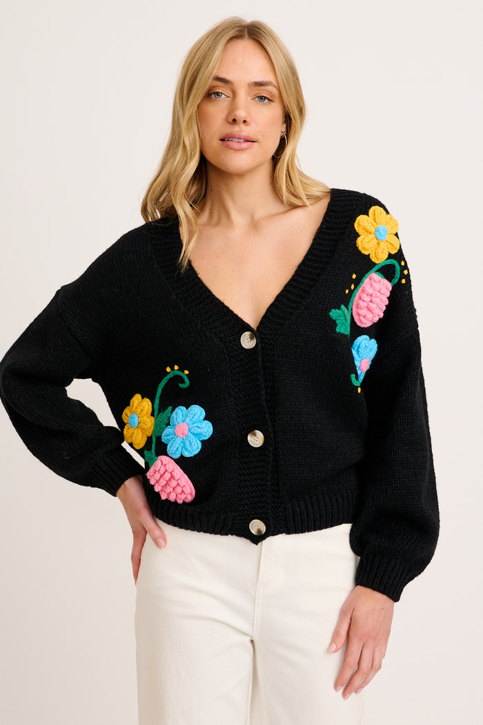 Blooming Delights Knit Cardigan in Black with Floral front