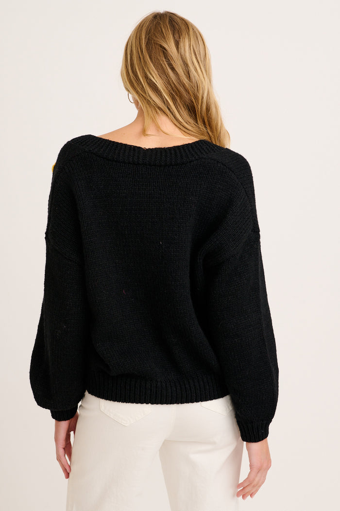 Blooming Delights Knit Cardigan in Black with Floral back