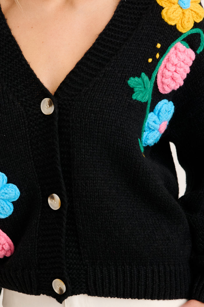 Blooming Delights Knit Cardigan in Black with Floral fabric