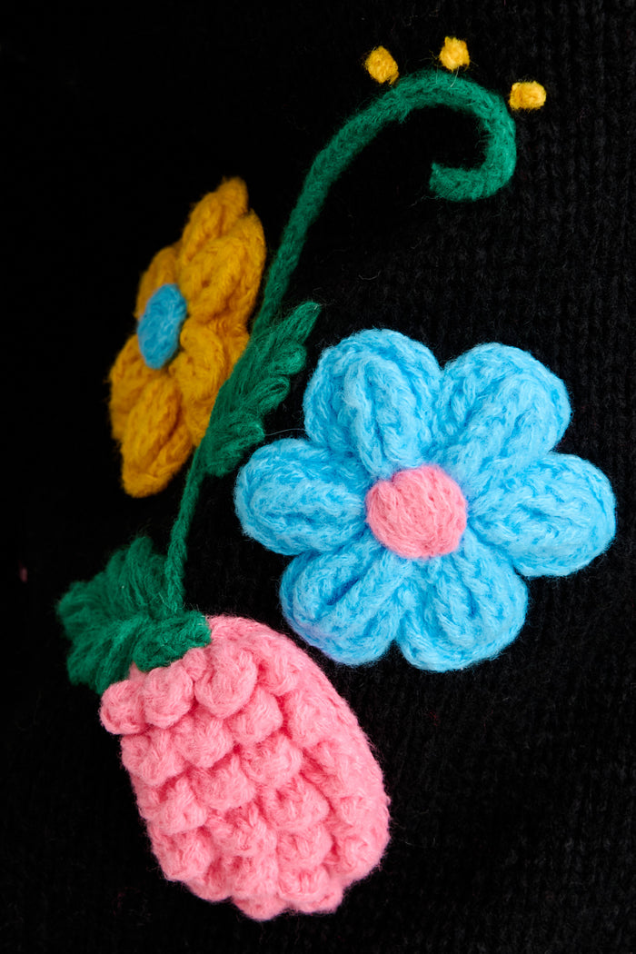 Blooming Delights Knit Cardigan in Black with Floral detail
