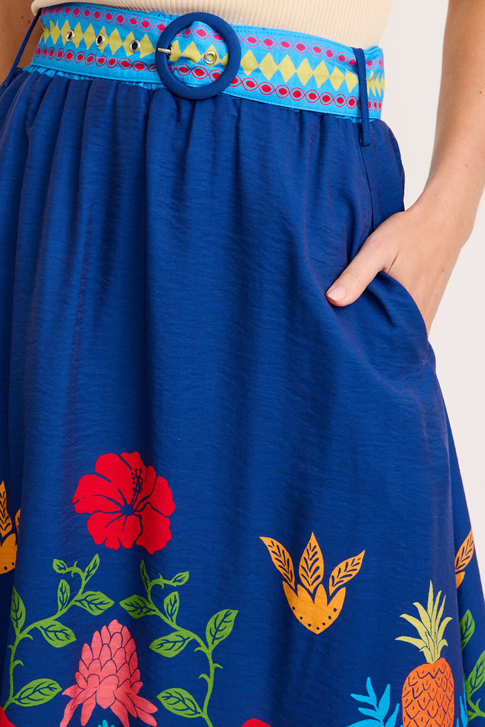 Avi Maxi Skirt in Navy Multi Tropical Linen Blend detail