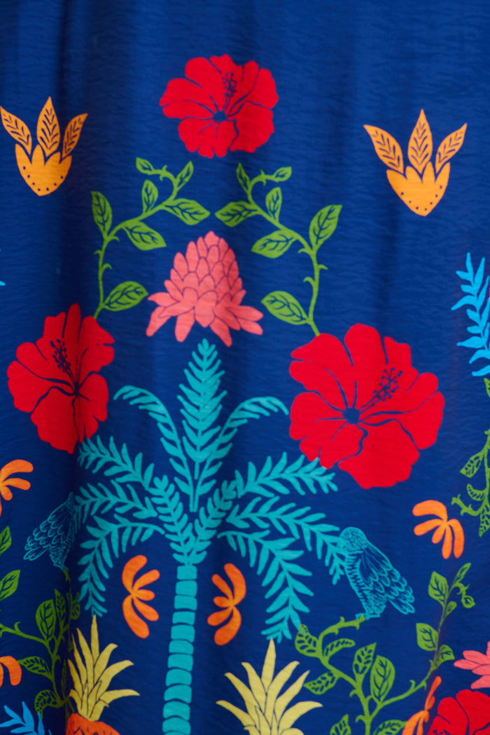 Avi Maxi Skirt in Navy Multi Tropical Linen Blend fabric